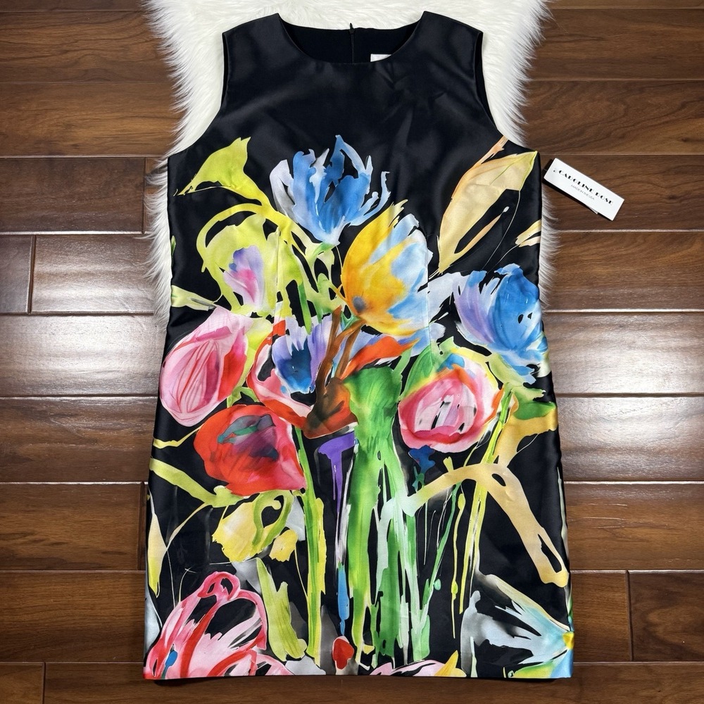 Caroline Rose Women's Size XL Black Floral Bouquet Sleeveless Sheath Dress